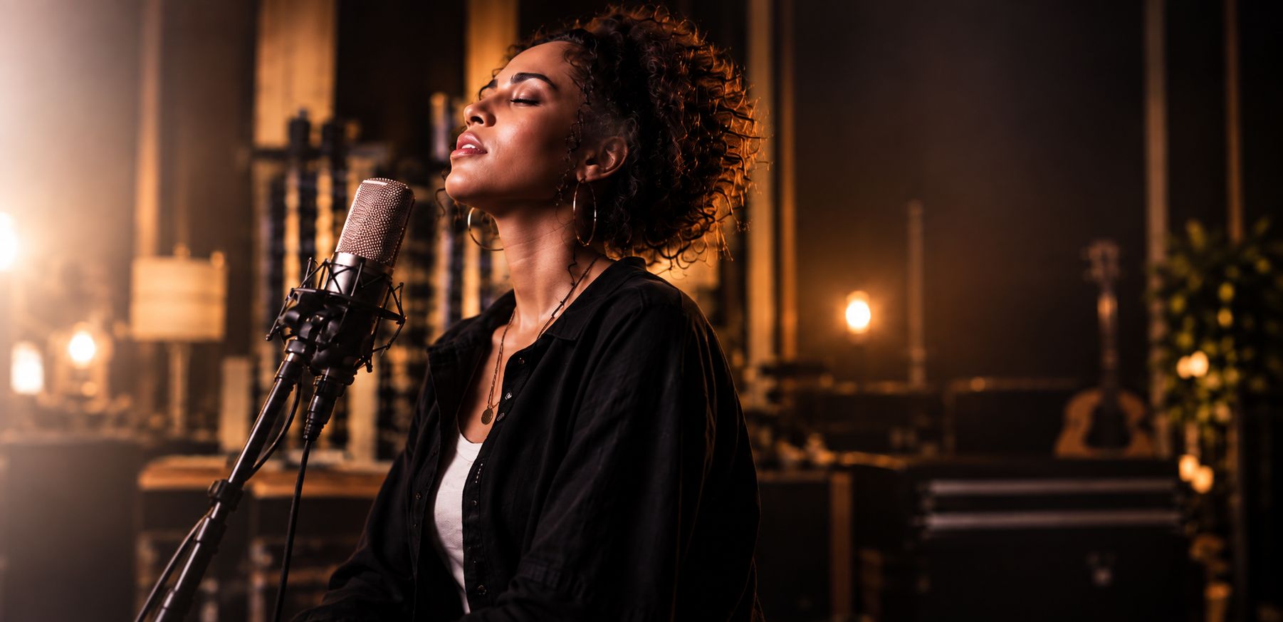 Artist developing her voice in a professional recording studio